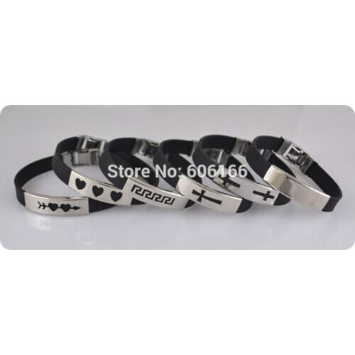 36pcs Black Mix Style Silicone Mens ID Stainless Steel Bracelets Cross Heart Cupid arrow Wristband Fashion jewelry Wholesale