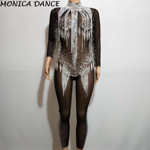 Crystals Black Mesh Jumpsuit Bright Silver Rhinestones Tassel Bodysuit Womens Celebrate Luxurious Costume See Through Jumpsuit