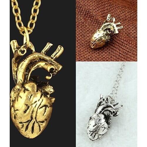 Men Retro 3D Anatomical Human Hollow Heart Pendant Necklace Punk Sweater Chain