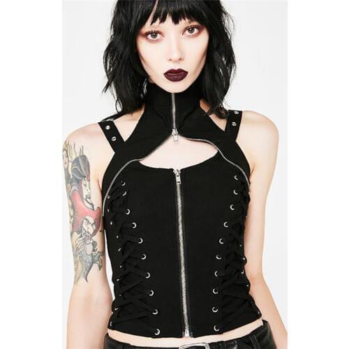 JIEZuoFang Black Sexy Zipper Top Women Lace Up Hollow Out Summer Tops Women Sreetwear Vest T-shirt Gothic Punk 2020 New Summer