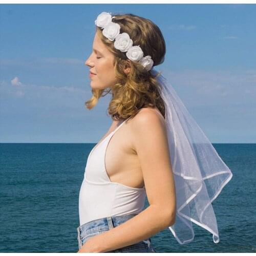 Short Bridal Veil White Artificial Flower Hair Wreath Wedding Veils Headband Crown Adjustable Lace Up Ribbon Bachelorette Party