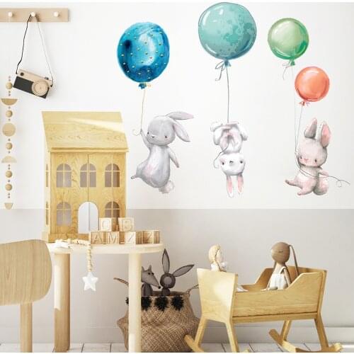 Colorful Balloon Rabbits Bedroom Wall Stickers for Kids Room Decor Lovely Grey Bunny Wall Stickers Children Nursery Wall Decal