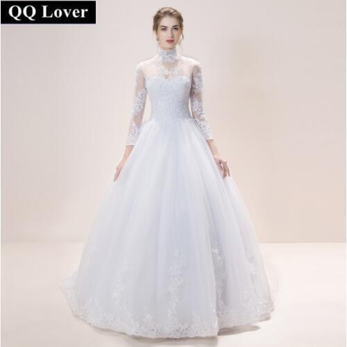 QQ Lover 2019 New High Neck See Through Back Full Sleeve Wedding Dress Lace Ball Gown Wedding Gowns Custom-made Vestido De Noiva