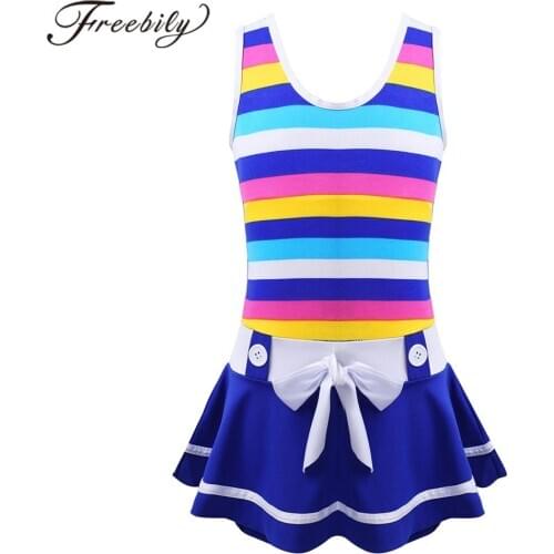 Summer Kids Girls One-piece Wide Shoulder Straps Striped Pattern Bowknot Swimsuit Children Swimwear Beach Wear Bathing Suit
