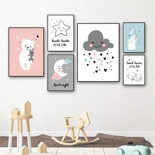 Pink Bear Print Star Cloud Moon Wall Art Canvas Poster Nursery Wall Painting Baby Rabbit Posters Child Picture Kids Room Decor