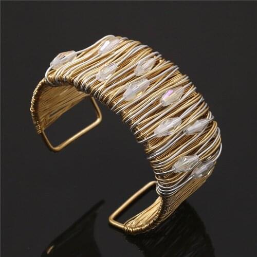 New H-Grade Wide Opening Bracelets For Women Bangles Flower Pearl Rhinestone Charm Wrap Bracelet Metal Weave Female Gift Jewelry
