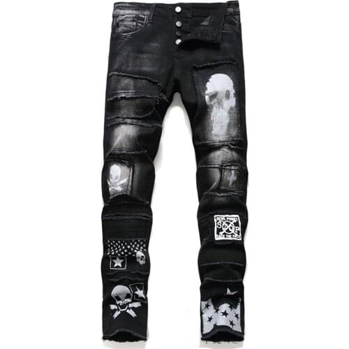 New Style Wash Ripped Jeans Mens Skull-Print Slim Stretch Black Patch Jeans Casual Fashion Personality Trousers