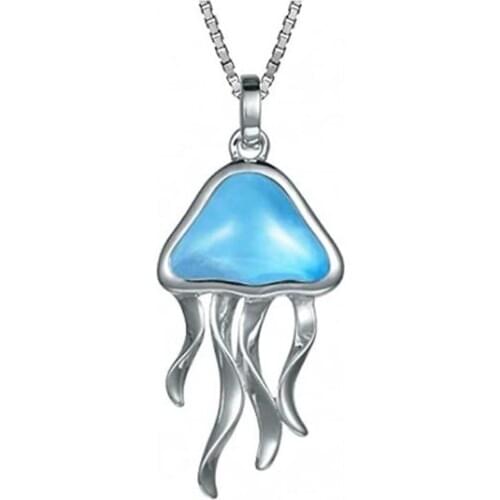 Ocean Life Jewelry 925 Sterling Silver Jellyfish Pendant with Natural Larimar Gemstone Womens Pendant Necklace For Gift