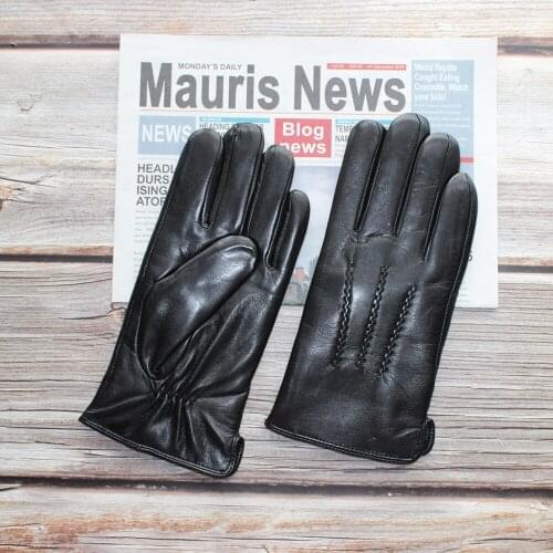 New Men Imported Sheepskin Gloves 2020 Fashion Genuine Leather Coral Fleece Lining Black High Quality Winter Mittens