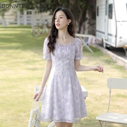 Dress Women Light Purple Fairy Mini Sweet Square Collar French Cozy Summer Button Girls Chiffon Short Puff Sleeves Chic Elegant