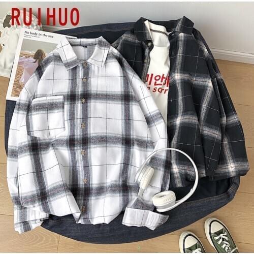 RUIHUO Plaid Shirts For Men Clothing 2021 Fashion Long Sleeve Plaid Shirt Men Harajuku Men Shirt Long Sleeve Vintage Clothes 5XL