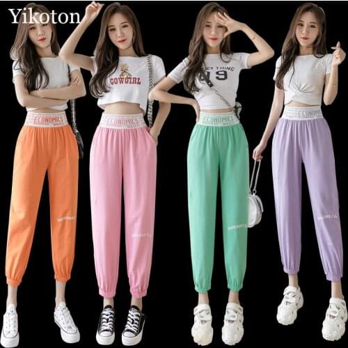 Pants For Women 2021 Summer 100% Cotton Elastic Waist Printed Letters Casual Sweatpants Women Pants Lantern Harem Pants Jogging