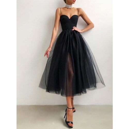 Spring 2021 Hong Kong Style French Mesh Puffy Princess Sling A- line Long Dress Womens Waist Slimming Temperament