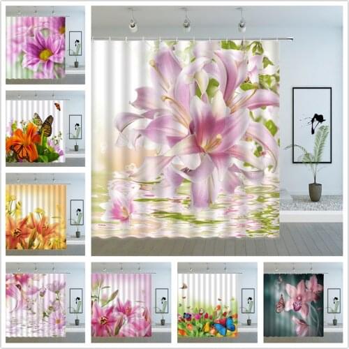 Flower Butterfly Shower Curtains Spring Floral Plant Scenery Lilies Sunflower and Tulips Bath Decor Cloth Hanging Curtain Set
