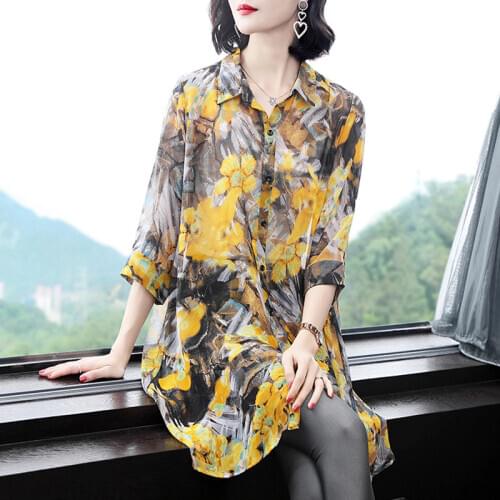 2020 Spring Summer New Loose Long Shirt Fake Silk Print Shirt Women Yellow Red Floral Plus Size 4xl Long Blouse