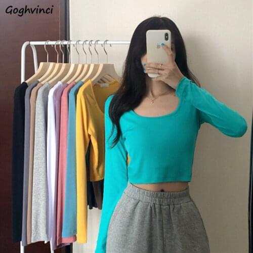 Long Sleeve T-shirts Women Solid Candy Color Streetwear All-match Vintage Harajuku Women Clothes Japanese Style Fashion Spring