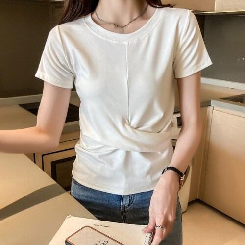 Gkfnmt Short Sleeve Cross Short Tshirt Cotton Women Korean T-shirt Womens Tees Students Crop Tops Red Black White Green