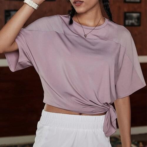 Fitness Women Sports Shirt Breathable Net Yarn Splicing Short Sleeve Yoga Crop Top Workout Solid Female Sportswear