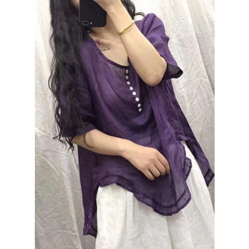 Womem Loose Ramie Thin Shirt Ladies Casual Transparent Ramie Tops Female 2020 Summer Ramie Shirts Blouse