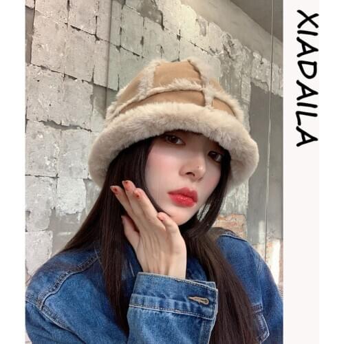 Women Hat Suede Artificial Fur Warm Female Cap Faux Fur Winter Bucket Hat for Women Outdoor Sunscreen Sun Hat Panama Lady Cap