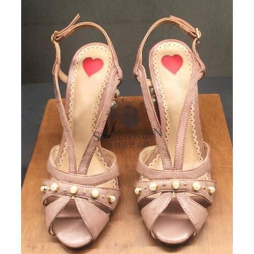 2019 summer new fashion leather womens pearls rivets chunky high heel sheepskin sandal woman slingback hollow peep toe sandal