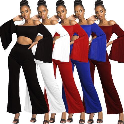 Back Zip Slash Neck Off Shoulder Overalls For Women Sexy Jumpsuits Backless Flare Sleeve Elegant Rompers Wide Leg Pants Cut Out