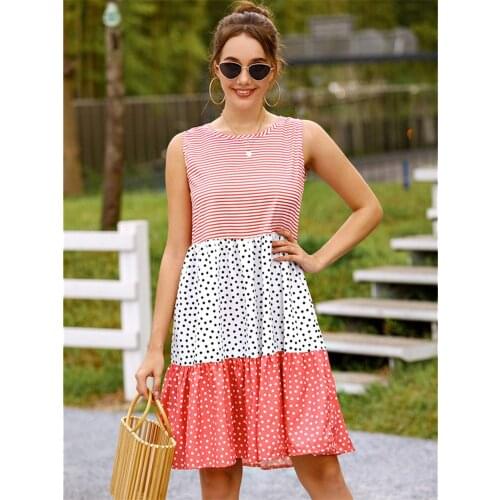 Summer Polka Dot Check Patchwork Sundress Women Fashion Casual Loose Sleeveless Mid Waist Dress 2021 Elegant Streetwear Dress