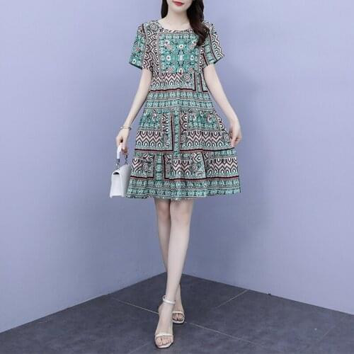 Plus Size Womens Summer Print Dress 2021 Retro Ethnic Floral Chiffon Dress Short Sleeve Round Neck Fashion Summer Female Dress