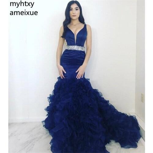 2020 New Arrival V-neck Sweep Sexy Plus Size Evening Gown Dresses For Women Train Trumpet Sleeveless Floor-length Jersey Empire