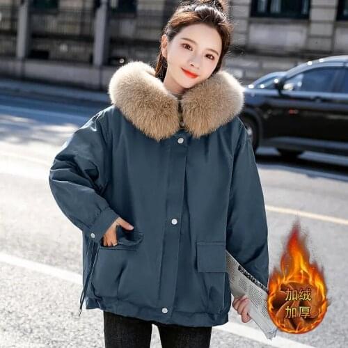 2021 Plus Size Women Coats Winter Thicker Down Cotton Coat Ladies Korean Hooded Tooling Padded Down Cotton Jacket Big Fur Follar