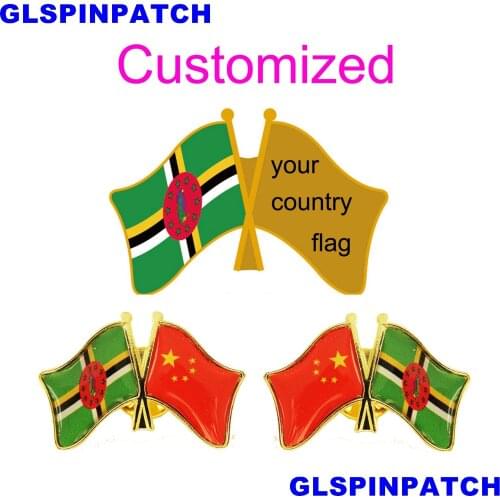 Dominica Crossed Friendship Flag Double Country lapel pin Brooch USA UK France Chile Russia Saudi Arabia Japan Spain Badge