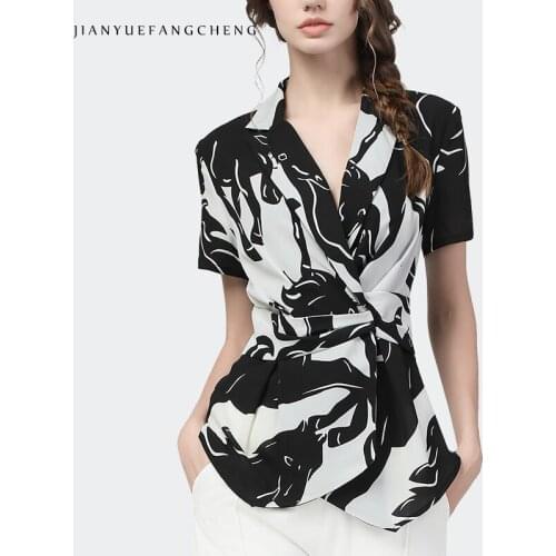 2021 Summer New Women Printed Shirt Elegant Slim Black White Irregular Pattern Short Sleeve V-Neck Korean Ladies Casual Tops 4XL
