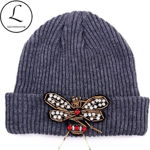 GZhilovingL Winter Bee Rhinestones Beanies hats for Women Ladies Slouchy Soft Knit Skullies Hats Caps Femmel Girls Bonnet Gorros