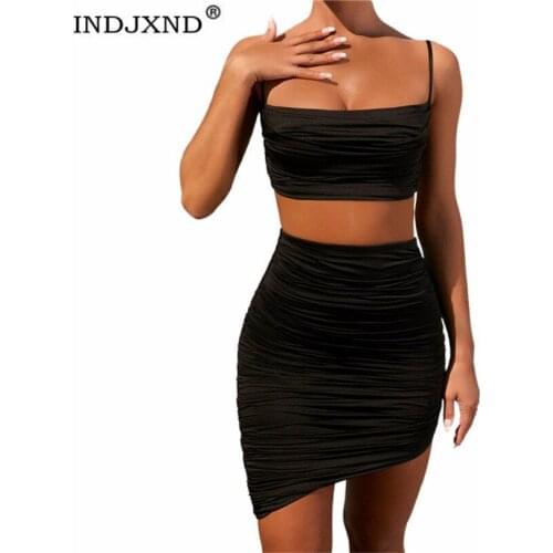 INDJXND Spaghetti Strap Two Piece Set Ruffles Crop Top Vest Summer Mini Skirts Women Ruched Bodycon Casual Party Fashion Clothes
