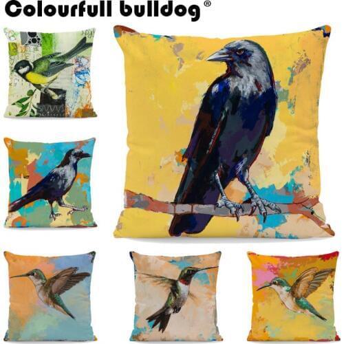 Oil Painting Robin Hummingbird Cushion Cases Green Leaves Retro Letters Pillowcase Home Living Room Decorate Throw Pillow Covers