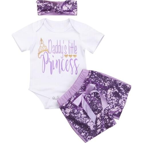 3PCS Baby Clothes Set Fashion Summer Newborn Baby Girls Sequins Outfit Clothes Tops Romper Pants Headband 3PCS