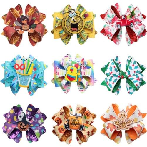 Cartoon Christmas Halloween Series Bow-knot with Acrylic Clip DIY Making For Hair Ring Gift Party Decoration Accessories Vinyl