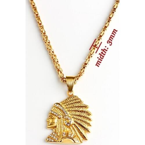 KEMI Mens Stainless Steel Gold Indian Head Pendant Necklace Daily Wear Jewelry (3mm)