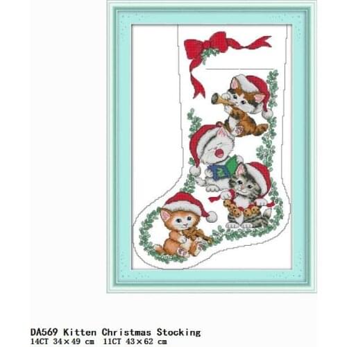 Printing Cross Stitch Kits Embroidery Needlework Fabric Kitten Christmas Stocking Patterns 11CT 14CT Stamped Hjome Decor Counted