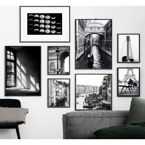 Paris Venice Window Guitar Moon Wall Art Canvas Painting Black White Nordic Posters And Prints Wall Pictures For Living Room Bar