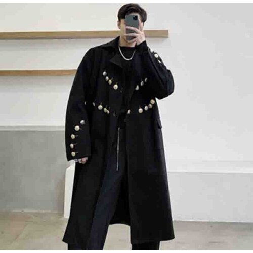 New Autumn and winter windbreaker mens medium-length jacket stylish copper buttons decorated wool coat temperament black jacket