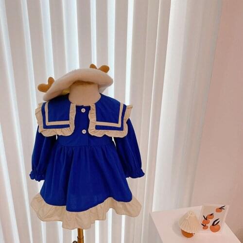 2021 Girls Autumn Dress New Childrens Navy Collar Academy Style Kids Princess Dress blue red
