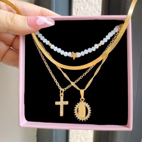 Korean Multi Layered Crystal Cross Maria Portrait Tennis Chain Necklace For Women Pearl Beaded Star Choker Necklace Jewelry New