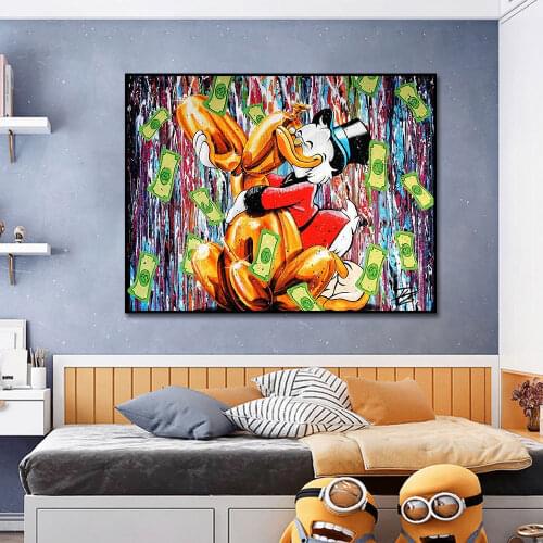 Disney Cartoon Anime Posters and Prints Graffiti Art Painting on Canvas Wall Art Donald Duck Holding Balloon Dog Picture Decor