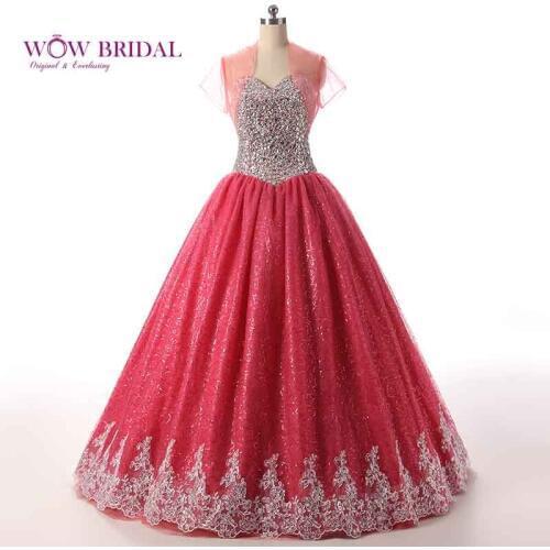Wowbrida Glass Crystals Coral Quinceanera Dresses with Jacket Elegant Quinceanera Dress Puffy Sweet 16 Dresses White Lace Trim