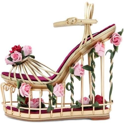 Luxury woman metal birdcage 3D flowers sandals metal wedge cut out heel sandals hollow birdcage flower very high platform sandal