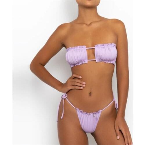 Sexy Floral Ribbed Bikinis Swimsuit Bandeau Push Up Bikini Set String Low Waist Swimwear Women Hollow Bathing Suit Beach Wear