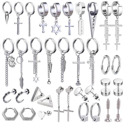 Newest 1 Pair Stainless Steel Cross Pendant Dangle Long Tassel Unisex Hoop Earrings Men/Women Punk Gothic Jewelry Best Gifts