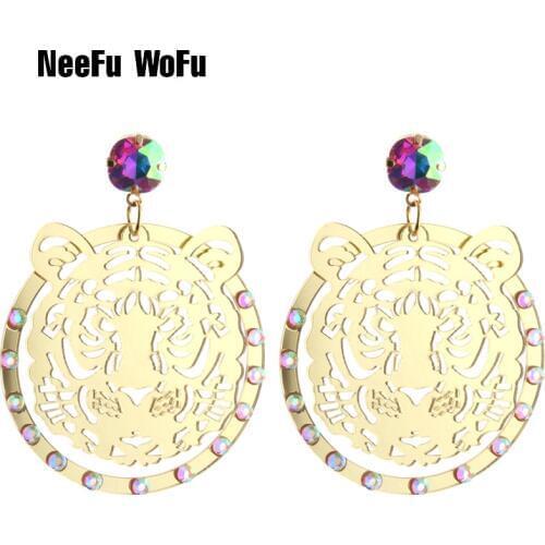 NeeFu WoFu Drop Tiger Head Earrings Rhinestone Resin Big Earring Large Long Brinco Ear Oorbellen Christmas Gift