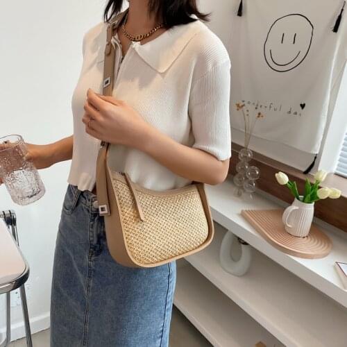 Fashion Straw Pu Splicing Women Shoulder Bag Brands Designer Patchwork Crossbody Bags for Women 2021 Lady Travel Beach Purses